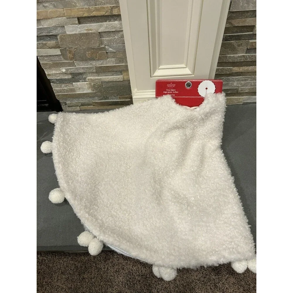 Ashland Christmas Tree Skirt White Pom Pom Trim Round 4 ft Fabric Holiday